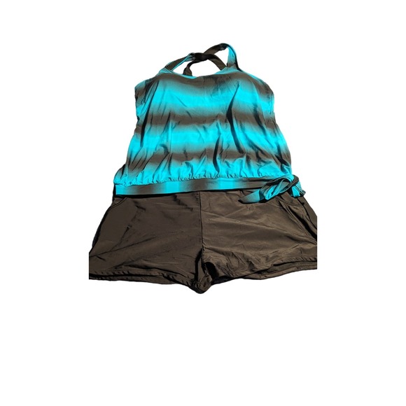 SMUDGE Life 2X Plus Striped Print Blouson Tankini Criss Cross Blue Black Shorts - Picture 2 of 8